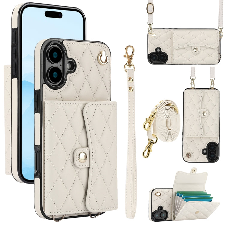 For iPhone 16 Plus Crossbody Rhombic Horizontal Wallet Leather Phone Case(White) - iPhone 16 Plus Cases by PMC Jewellery | Online Shopping South Africa | PMC Jewellery | Buy Now Pay Later Mobicred