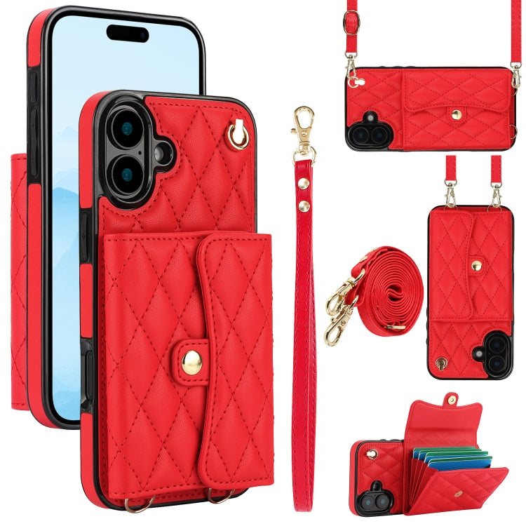 For iPhone 16 Plus Crossbody Rhombic Horizontal Wallet Leather Phone Case(Red) - iPhone 16 Plus Cases by PMC Jewellery | Online Shopping South Africa | PMC Jewellery | Buy Now Pay Later Mobicred