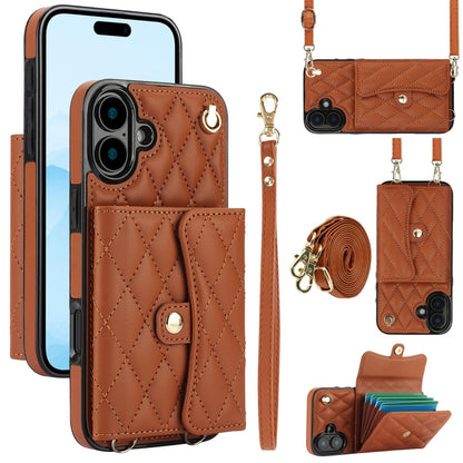 For iPhone 16 Crossbody Rhombic Horizontal Wallet Leather Phone Case(Brown) - iPhone 16 Cases by PMC Jewellery | Online Shopping South Africa | PMC Jewellery | Buy Now Pay Later Mobicred