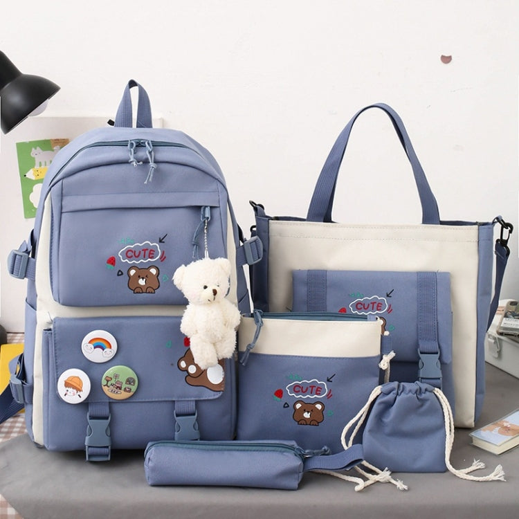 5pcs/Set Student Schoolbags, Lightweight and Cute Girls Backpack with Bear(Blue) - Double-shoulder Bags by PMC TechLife | Online Shopping South Africa | PMC TechLife