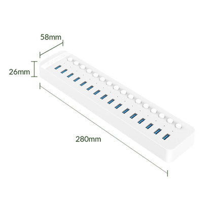 ORICO CT2U3-16AB Plastic Stripes 16 Ports USB 3.0 HUB with Individual Switches, Plug:EU Plug(White) - USB 3.0 HUB by ORICO | Online Shopping South Africa | PMC Jewellery | Buy Now Pay Later Mobicred