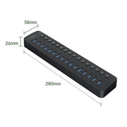 ORICO CT2U3-16AB Plastic Stripes 16 Ports USB 3.0 HUB with Individual Switches, Plug:US Plug(Black) - USB 3.0 HUB by ORICO | Online Shopping South Africa | PMC Jewellery | Buy Now Pay Later Mobicred