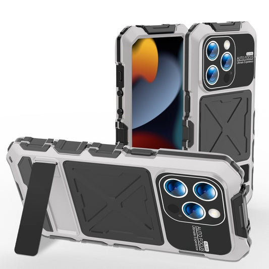 For iPhone 15 Pro Max R-JUST Metal + Silicone + Tempered Glass Life Waterproof Phone Case with Holder(Silver) - iPhone 15 Pro Max Cases by R-JUST | Online Shopping South Africa | PMC Jewellery | Buy Now Pay Later Mobicred