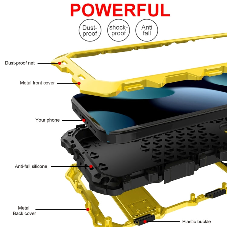 For iPhone 15 Plus R-JUST Metal + Silicone + Tempered Glass Life Waterproof Phone Case with Holder(Yellow) - iPhone 15 Plus Cases by R-JUST | Online Shopping South Africa | PMC Jewellery | Buy Now Pay Later Mobicred