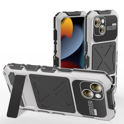 For iPhone 15 Plus R-JUST Metal + Silicone + Tempered Glass Life Waterproof Phone Case with Holder(Silver) - iPhone 15 Plus Cases by R-JUST | Online Shopping South Africa | PMC Jewellery | Buy Now Pay Later Mobicred