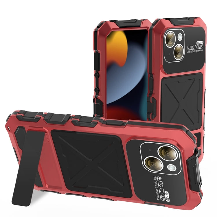 For iPhone 15 R-JUST Metal + Silicone + Tempered Glass Life Waterproof Phone Case with Holder(Red) - iPhone 15 Cases by R-JUST | Online Shopping South Africa | PMC Jewellery | Buy Now Pay Later Mobicred