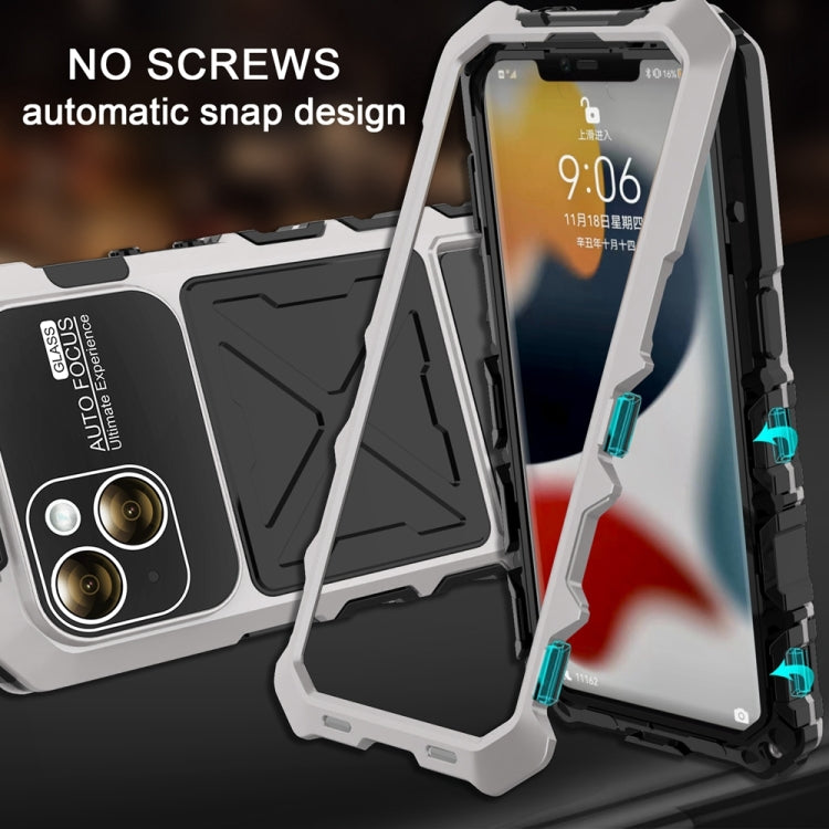 For iPhone 15 R-JUST Metal + Silicone + Tempered Glass Life Waterproof Phone Case with Holder(Silver) - iPhone 15 Cases by R-JUST | Online Shopping South Africa | PMC Jewellery | Buy Now Pay Later Mobicred