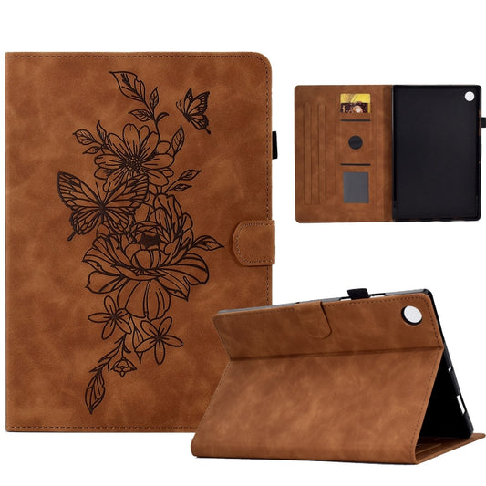 For Samsung Galaxy Tab A9+ Peony Butterfly Embossed Leather Smart Tablet Case(Brown) - Galaxy Tab A9+ by PMC Jewellery | Online Shopping South Africa | PMC Jewellery