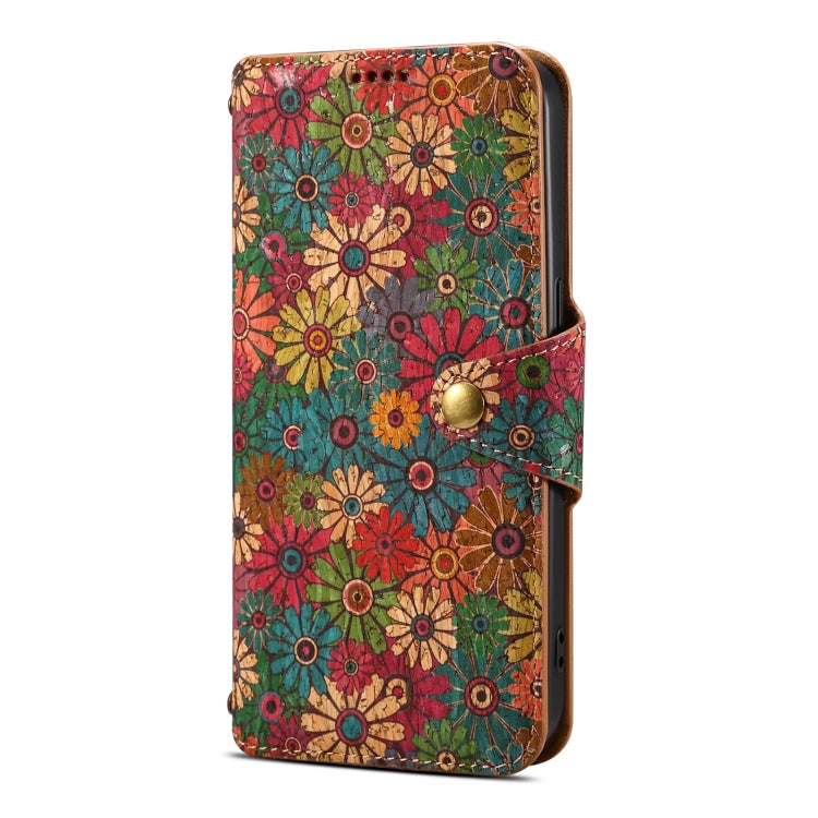 For iPhone 16 Denior Flower Language Series Cork Fabric Oil Edge Leather Phone Case(Spring) - iPhone 16 Cases by Denior | Online Shopping South Africa | PMC Jewellery | Buy Now Pay Later Mobicred