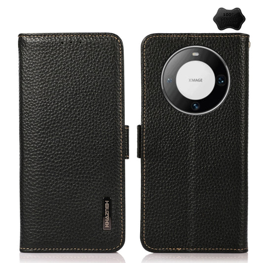 For Huawei Mate 60 Pro KHAZNEH Side-Magnetic Litchi Genuine Leather RFID Case(Black) - Huawei Cases by PMC Jewellery | Online Shopping South Africa | PMC Jewellery | Buy Now Pay Later Mobicred