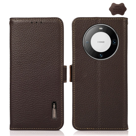 For Huawei Mate 60 Pro KHAZNEH Side-Magnetic Litchi Genuine Leather RFID Case(Brown) - Huawei Cases by PMC Jewellery | Online Shopping South Africa | PMC Jewellery | Buy Now Pay Later Mobicred