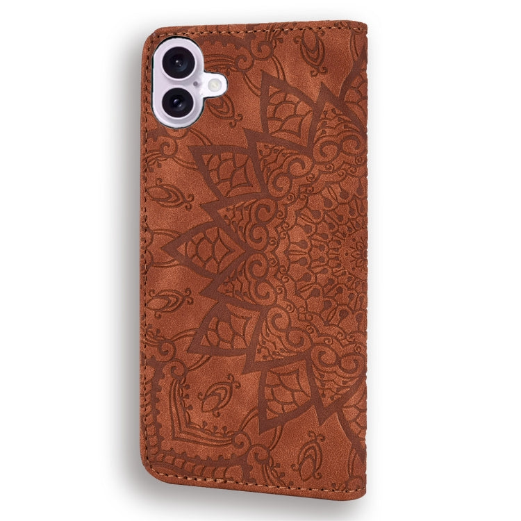 For iPhone 16 Plus Mandala Embossed Dual-Fold Calf Leather Phone Case(Brown) - iPhone 16 Plus Cases by PMC Jewellery | Online Shopping South Africa | PMC Jewellery | Buy Now Pay Later Mobicred