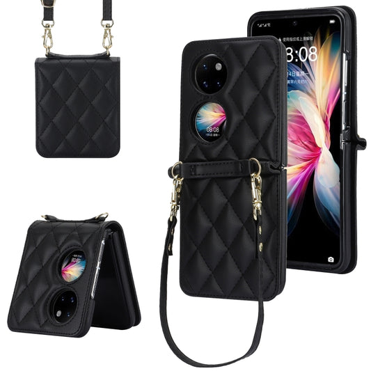 For Huawei P50 Pocket Rhombic Texture Card Bag Phone Case with Dual Lanyard(Black) - Huawei Cases by PMC Jewellery | Online Shopping South Africa | PMC Jewellery | Buy Now Pay Later Mobicred