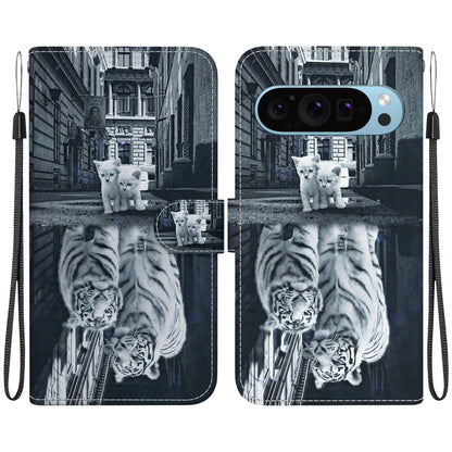 For Google Pixel 9 Pro Crystal Texture Colored Drawing Leather Phone Case(Cat Tiger Reflection) - Google Cases by PMC Jewellery | Online Shopping South Africa | PMC Jewellery | Buy Now Pay Later Mobicred