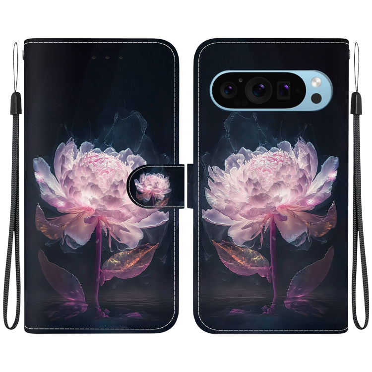 For Google Pixel 9 Crystal Texture Colored Drawing Leather Phone Case(Purple Peony) - Google Cases by PMC TechLife | Online Shopping South Africa | PMC TechLife | Buy Now Pay Later Mobicred