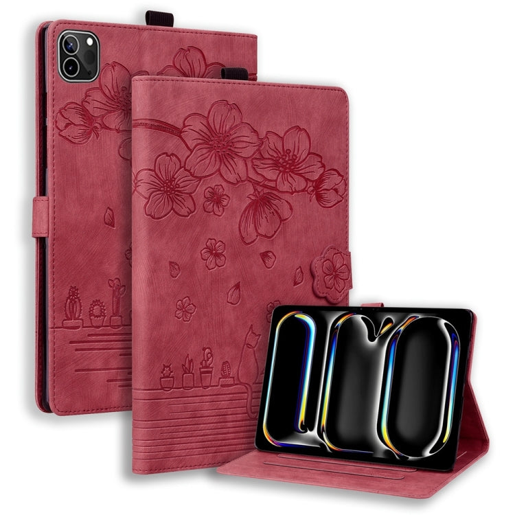 For iPad Pro 11 2024 Cartoon Sakura Cat Embossed Smart Leather Tablet Case(Red) - iPad Pro 11 2024 Cases by PMC TechLife | Online Shopping South Africa | PMC TechLife | Buy Now Pay Later Mobicred