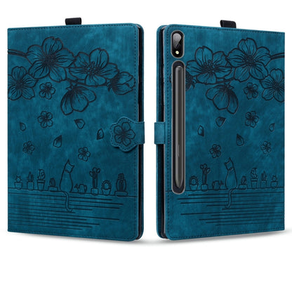 For Samsung Galaxy Tab S9 /S8 /S7 Cartoon Sakura Cat Embossed Smart Leather Tablet Case(Blue) - Galaxy Tab S9 Cases by PMC Jewellery | Online Shopping South Africa | PMC Jewellery | Buy Now Pay Later Mobicred