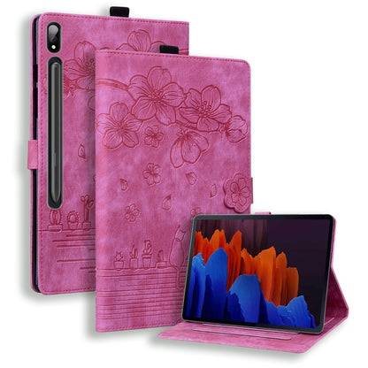 For Samsung Galaxy Tab S9 Ultra /S8 Ultra Cartoon Sakura Cat Embossed Leather Tablet Case(Rose Red) - Galaxy Tab S9 Ultra Cases by PMC Jewellery | Online Shopping South Africa | PMC Jewellery | Buy Now Pay Later Mobicred