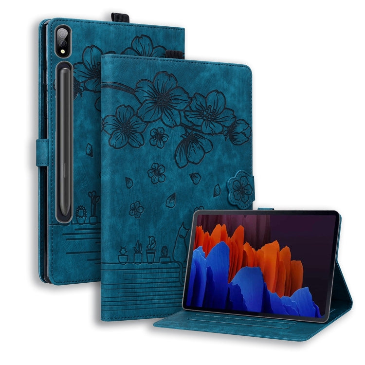 For Samsung Galaxy Tab S9 Ultra /S8 Ultra Cartoon Sakura Cat Embossed Leather Tablet Case(Blue) - Galaxy Tab S9 Ultra Cases by PMC Jewellery | Online Shopping South Africa | PMC Jewellery | Buy Now Pay Later Mobicred