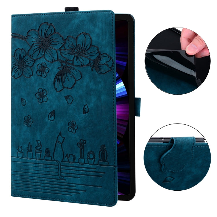 For Samsung Galaxy Tab S9 Ultra /S8 Ultra Cartoon Sakura Cat Embossed Leather Tablet Case(Blue) - Galaxy Tab S9 Ultra Cases by PMC Jewellery | Online Shopping South Africa | PMC Jewellery | Buy Now Pay Later Mobicred