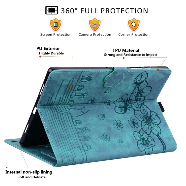 For Samsung Galaxy Tab S9 FE+ Cartoon Sakura Cat Embossed Leather Tablet Case(Green) - Galaxy Tab S9 FE+ by PMC Jewellery | Online Shopping South Africa | PMC Jewellery | Buy Now Pay Later Mobicred