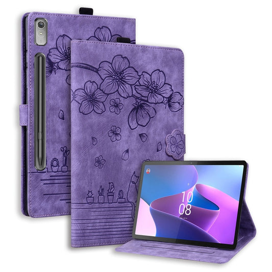 For Lenovo Tab P12 12.7 Cartoon Sakura Cat Embossed Leather Tablet Case(Purple) - Lenovo by PMC Jewellery | Online Shopping South Africa | PMC Jewellery | Buy Now Pay Later Mobicred