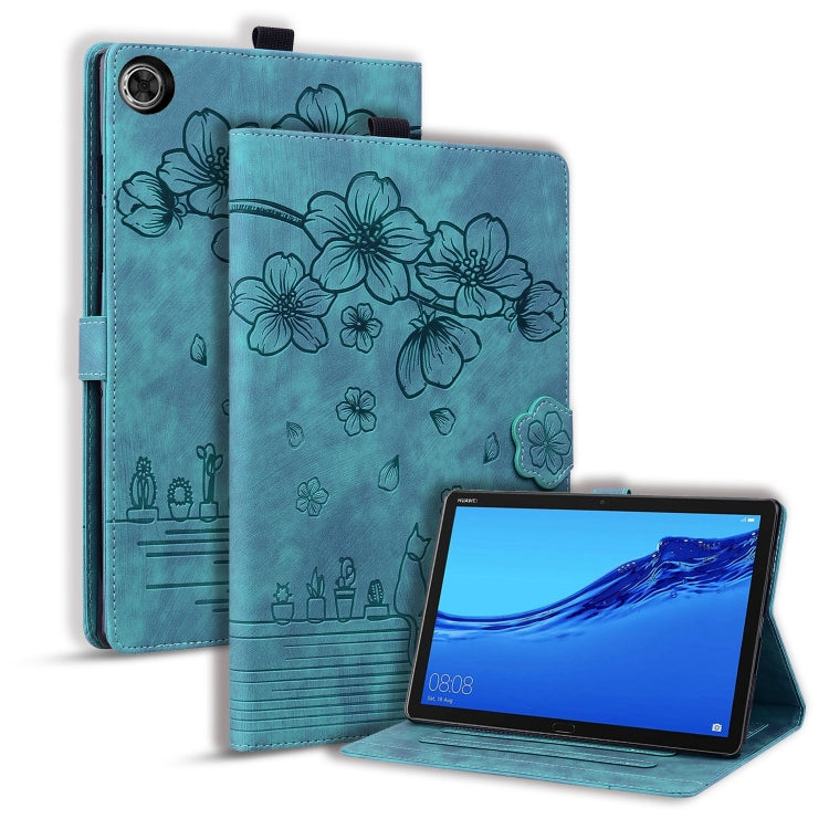 For Lenovo Tab M10 Plus 3rd Gen 2022 Cartoon Sakura Cat Embossed Leather Tablet Case(Green) - Lenovo by PMC TechLife | Online Shopping South Africa | PMC TechLife | Buy Now Pay Later Mobicred