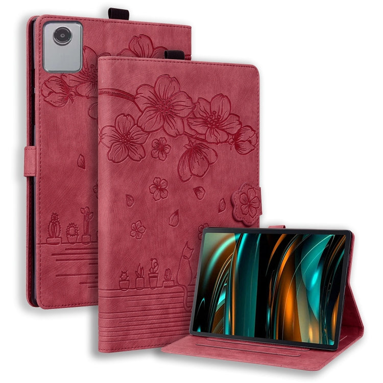 For Lenovo Tab M11 / Xiaoxin Pad 11 2024 Cartoon Sakura Cat Embossed Leather Tablet Case(Red) - Lenovo by PMC TechLife | Online Shopping South Africa | PMC TechLife | Buy Now Pay Later Mobicred