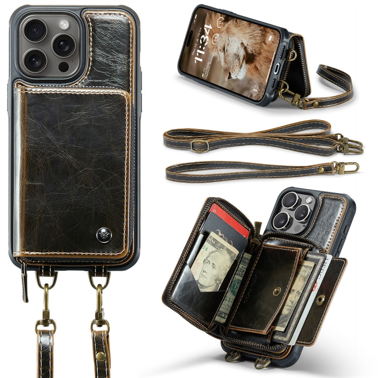 For iPhone 16 Pro JEEHOOD C22 Series Zipper Wallet Leather Phone Case with Dual Lanyard(Coffee) - iPhone 16 Pro Cases by JEEHOOD | Online Shopping South Africa | PMC Jewellery | Buy Now Pay Later Mobicred