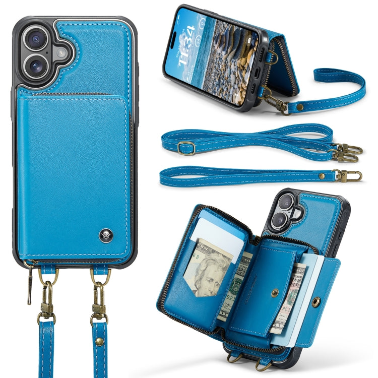 For iPhone 16 Plus JEEHOOD C22 Series Zipper Wallet Leather Phone Case with Dual Lanyard(Blue) - iPhone 16 Plus Cases by JEEHOOD | Online Shopping South Africa | PMC Jewellery | Buy Now Pay Later Mobicred