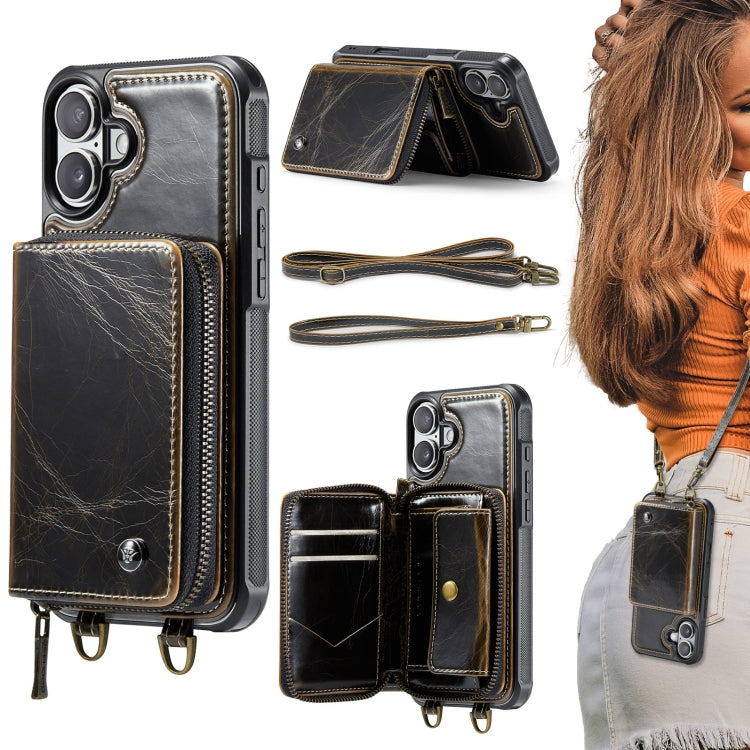 For iPhone 16 JEEHOOD C22 Series Zipper Wallet Leather Phone Case with Dual Lanyard(Coffee) - iPhone 16 Cases by JEEHOOD | Online Shopping South Africa | PMC Jewellery | Buy Now Pay Later Mobicred