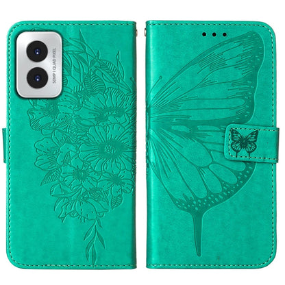 For Motorola Moto G Play 4G 2024 Embossed Butterfly Leather Phone Case(Green) - Motorola Cases by PMC Jewellery | Online Shopping South Africa | PMC Jewellery | Buy Now Pay Later Mobicred