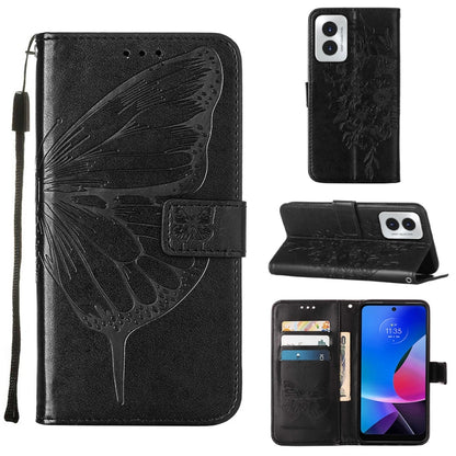 For Motorola Moto G Play 4G 2024 Embossed Butterfly Leather Phone Case(Black) - Motorola Cases by PMC Jewellery | Online Shopping South Africa | PMC Jewellery | Buy Now Pay Later Mobicred