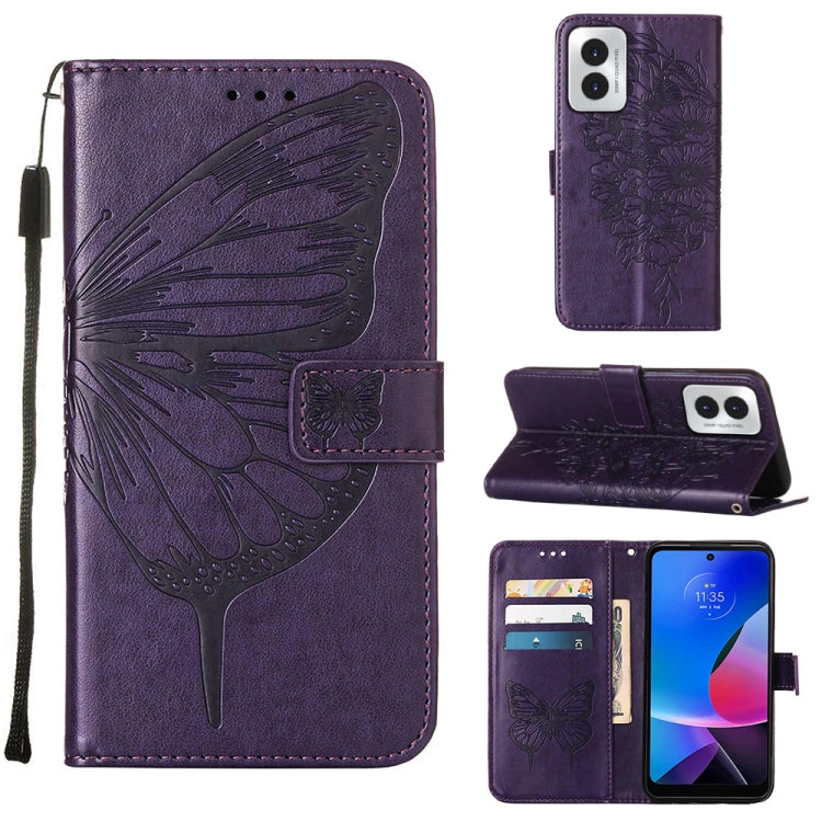 For Motorola Moto G Play 4G 2024 Embossed Butterfly Leather Phone Case(Dark Purple) - Motorola Cases by PMC Jewellery | Online Shopping South Africa | PMC Jewellery | Buy Now Pay Later Mobicred