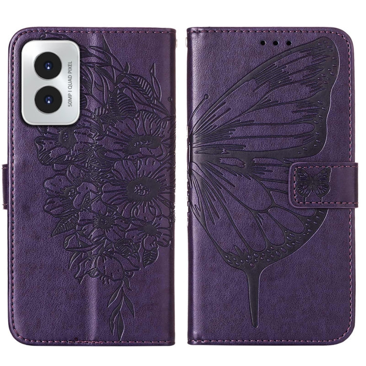 For Motorola Moto G Play 4G 2024 Embossed Butterfly Leather Phone Case(Dark Purple) - Motorola Cases by PMC Jewellery | Online Shopping South Africa | PMC Jewellery | Buy Now Pay Later Mobicred