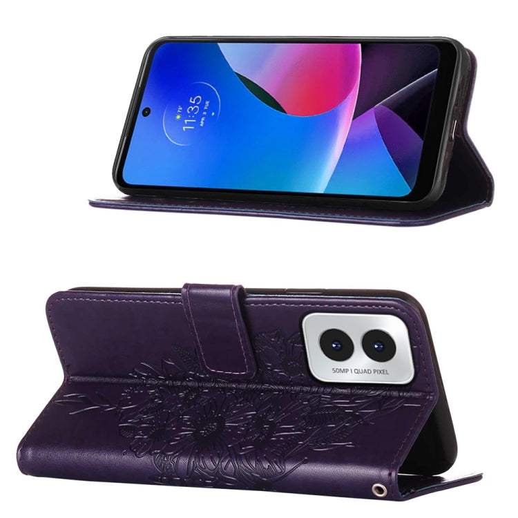 For Motorola Moto G Play 4G 2024 Embossed Butterfly Leather Phone Case(Dark Purple) - Motorola Cases by PMC Jewellery | Online Shopping South Africa | PMC Jewellery | Buy Now Pay Later Mobicred