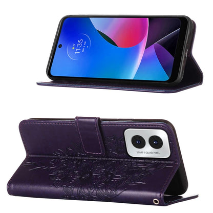 For Motorola Moto G Play 4G 2024 Embossed Butterfly Leather Phone Case(Dark Purple) - Motorola Cases by PMC Jewellery | Online Shopping South Africa | PMC Jewellery | Buy Now Pay Later Mobicred