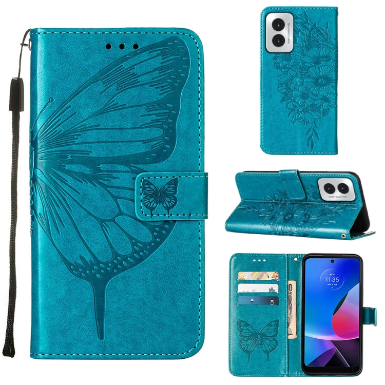 For Motorola Moto G Play 4G 2024 Embossed Butterfly Leather Phone Case(Blue) - Motorola Cases by PMC Jewellery | Online Shopping South Africa | PMC Jewellery | Buy Now Pay Later Mobicred