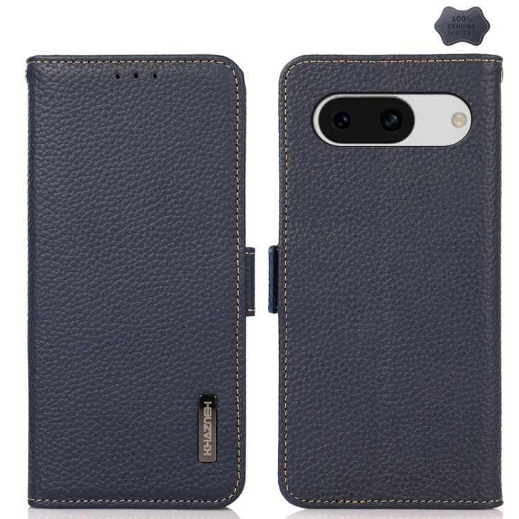 For Google Pixel 8a KHAZNEH Side-Magnetic Litchi Genuine Leather RFID Phone Case(Blue) - Google Cases by PMC TechLife | Online Shopping South Africa | PMC TechLife | Buy Now Pay Later Mobicred