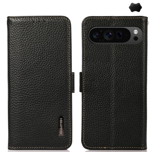 For Google Pixel 9 Pro KHAZNEH Side-Magnetic Litchi Genuine Leather RFID Phone Case(Black) - Google Cases by PMC Jewellery | Online Shopping South Africa | PMC Jewellery | Buy Now Pay Later Mobicred