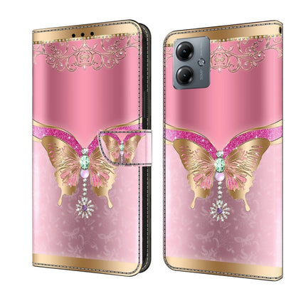 For Motorola Moto G14 Crystal 3D Shockproof Protective Leather Phone Case(Pink Bottom Butterfly) - Motorola Cases by PMC Jewellery | Online Shopping South Africa | PMC Jewellery | Buy Now Pay Later Mobicred