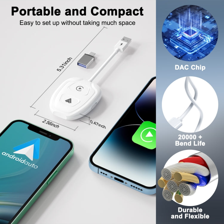 THT-020-9-1 USB + USB-C / Type-C Wired to Wireless Carplay / Android Auto Adapter(White) - free shipping - PMC TechLife - Order now!