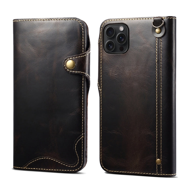 For iPhone 15 Pro Max Denior Oil Wax Cowhide Magnetic Button Genuine Leather Case(Black) - iPhone 15 Pro Max Cases by Denior | Online Shopping South Africa | PMC Jewellery | Buy Now Pay Later Mobicred