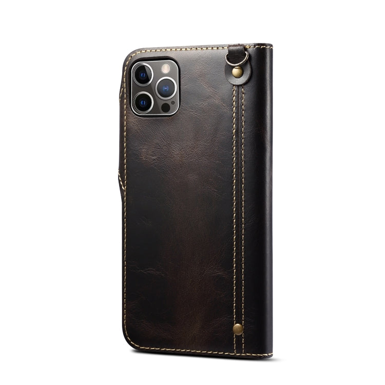 For iPhone 15 Pro Max Denior Oil Wax Cowhide Magnetic Button Genuine Leather Case(Black) - iPhone 15 Pro Max Cases by Denior | Online Shopping South Africa | PMC Jewellery | Buy Now Pay Later Mobicred