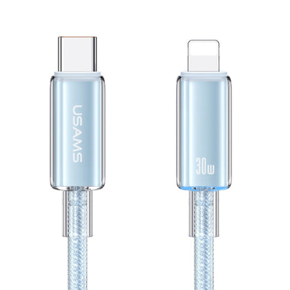 USAMS Type-C To 8 Pin Aluminum Alloy Clear LED 30W PD Fast Charge Data Cable, Length:1.2m(Blue) - 2 in 1 Cable by USAMS | Online Shopping South Africa | PMC Jewellery | Buy Now Pay Later Mobicred