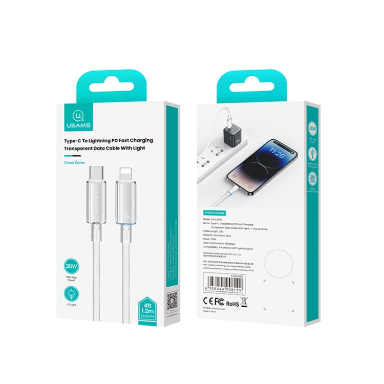 USAMS Type-C To 8 Pin Aluminum Alloy Clear LED 30W PD Fast Charge Data Cable, Length:1.2m(Blue) - 2 in 1 Cable by USAMS | Online Shopping South Africa | PMC Jewellery | Buy Now Pay Later Mobicred