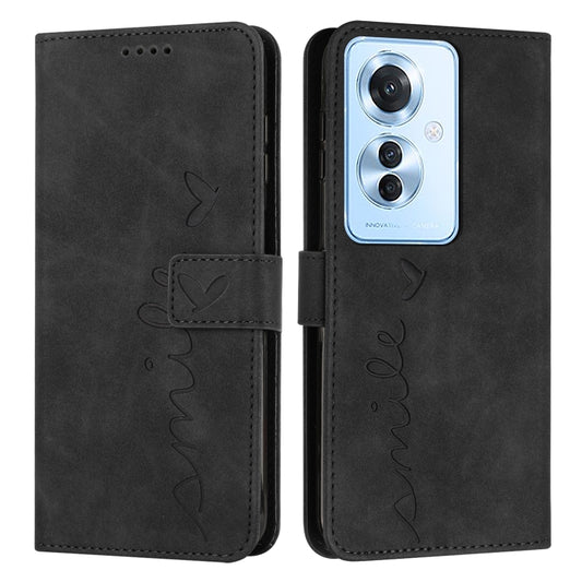 For OPPO Reno11 F Skin Feel Heart Embossed Leather Phone Case with Long Lanyard(Black) - Reno11 F Cases by PMC Jewellery | Online Shopping South Africa | PMC Jewellery | Buy Now Pay Later Mobicred