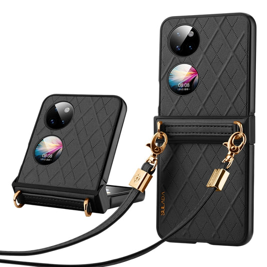 For Huawei P50 Pocket SULADA Elegant Rhombic Texture Folding Phone Case with Lanyard(Black) - Huawei Cases by SULADA | Online Shopping South Africa | PMC Jewellery | Buy Now Pay Later Mobicred