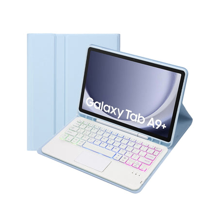 For Samsung Galaxy Tab A9+ X210/X215/X215 A09B-AS Candy Color Touch Backlight Bluetooth Keyboard Leather Tablet Case with Pen Holder(Ice Blue) - Samsung Keyboard by PMC Jewellery | Online Shopping South Africa | PMC Jewellery