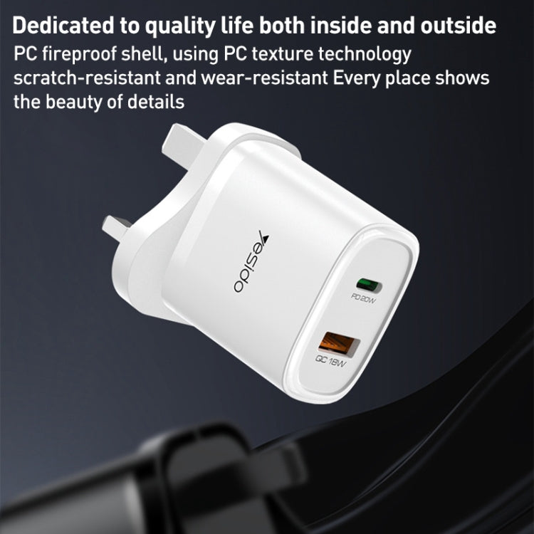 Yesido YC46 PD20W USB-C / Type-C + USB Travel Charger with 1m Type-C to 8 Pin Cable, UK Plug(White) - USB Charger by Yesido | Online Shopping South Africa | PMC Jewellery | Buy Now Pay Later Mobicred